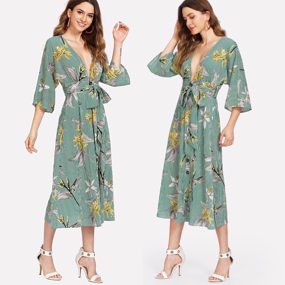 Mixed Print Plunging Neck Midi Dress - Picture 2 of 6